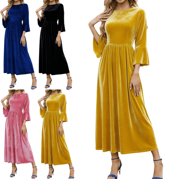 Mifsaly Long Sleeve Velvet Dress for Women 3/4 Flared Sleeve High Waist Midi Wedding Guest Dresses Spring Winter Cocktail Evening Party Gowns Elegant Semi Workwear L