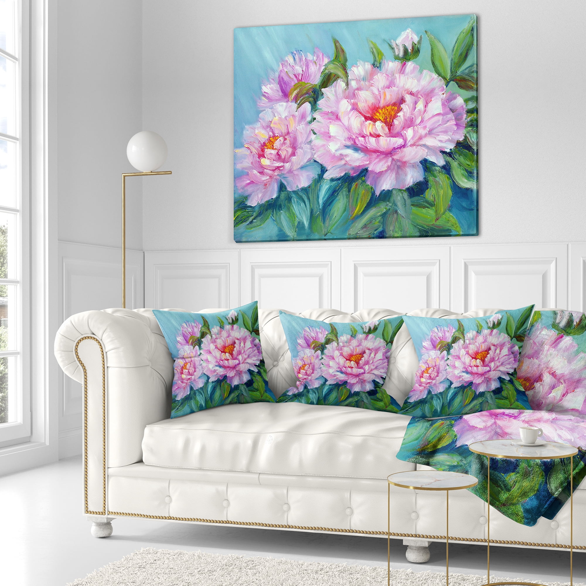 Designart Pink Peonies - Floral Throw Pillow - 16x16