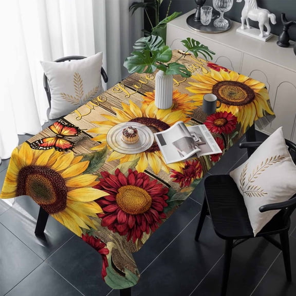 Sunflower Brown Wooden Table Cloth Waterproof Tablecloths, Vintage Flowers Butterfly Tablecloth Dining Table Cover for Kitchen Party Tabletop Outdoor, Rectangle Tablecloth 60x120 Inch