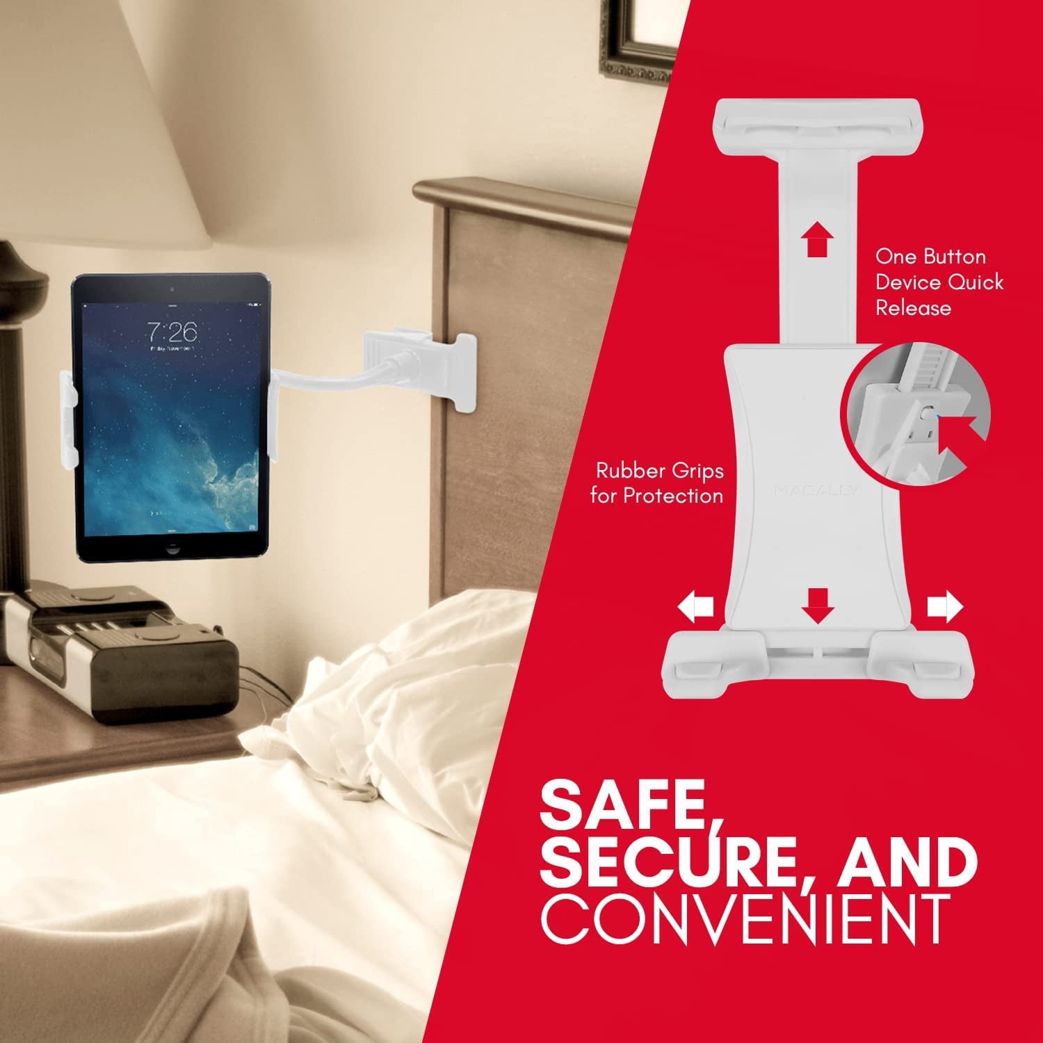 Macally Adjustable Gooseneck Tablet and Phone Stand with Secure Clip for Bed, Desk, Stroller, Bike - Universal