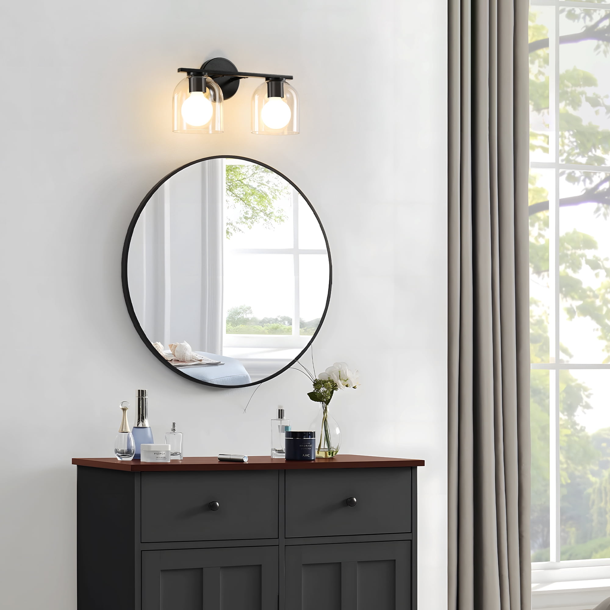 Modern Bathroom Light Fixtures, 2 Light Vanity Lights Over Mirror, Black Wall Lamp with Clear Glass Shade for Living Room Cabinet Bedroom Porch