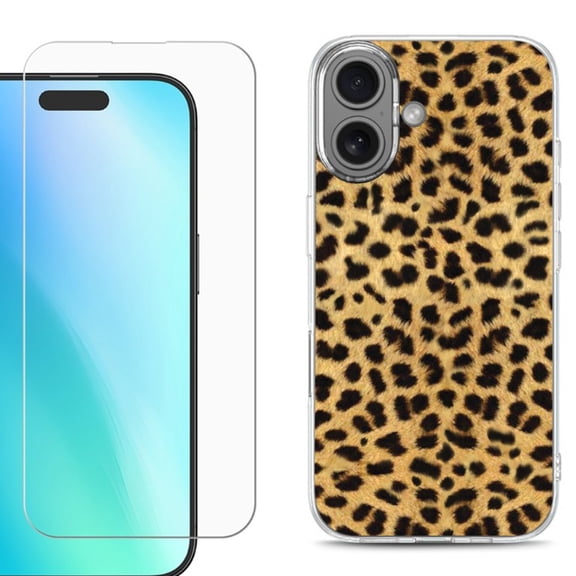 For iphone 16 Plus Phone Case Cover, Shockproof Case with Tempered Glass Screen Protector, by OneToughShield - Cheetah Gold/Black