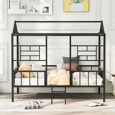 House Bed Full Bed for Kids, Metal Loft Bed Frame with Roof, Metal Platform Bed for Toddlers, Kids, Girls & Boys(Black)