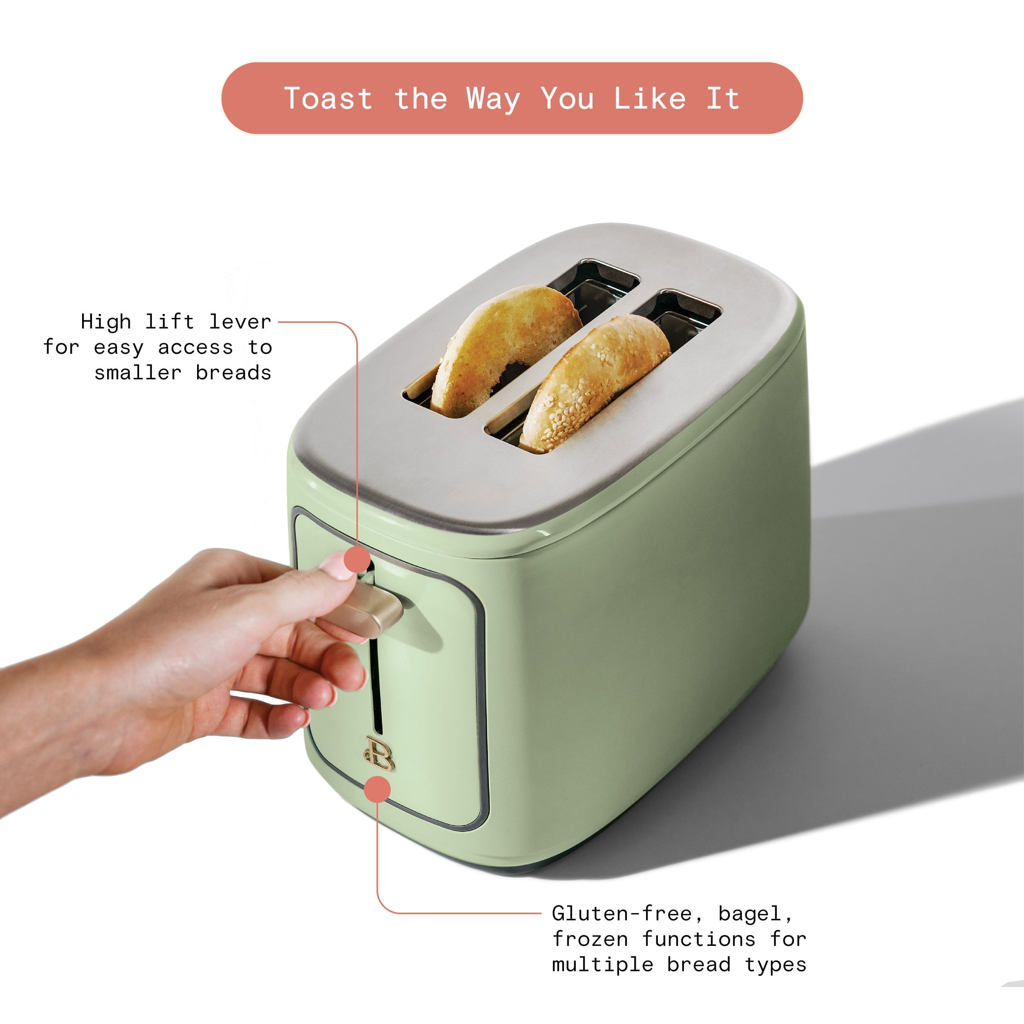 Beautiful 2 Slice Toaster with Touch-Activated Display, Sage Green by Drew Barrymore