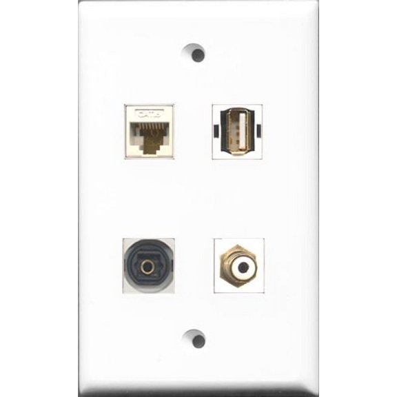RiteAV 1 Port RCA White and 1 Port USB A-A and 1 Port Toslink and 1 Port Cat6 Ethernet White Wall Plate