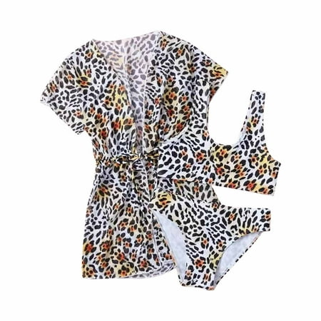 

CaComMARK PI Girl Swimsuit Set Clearance Baby Gifts 3 Piece Set Bathing Suit Coverup Shorts Cute Leopard Print Bikini Girls Beach Swimwear Set Cheapest Items on Sale Brown 10-11T