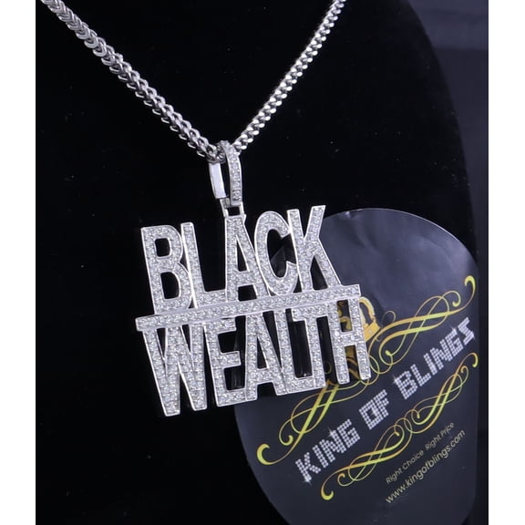 King of Bling's White 925 Sterling Silver BLACK WEALTH Sign Pendant with 9.30ct Cubic Zirconia