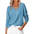 thumbnail image 2 of Female Long Sleeve V Neck Sweaters Fall Casual Classic Soft Loose Fit Basic Pullover Jumper Top Tranquil Blue L, 2 of 10