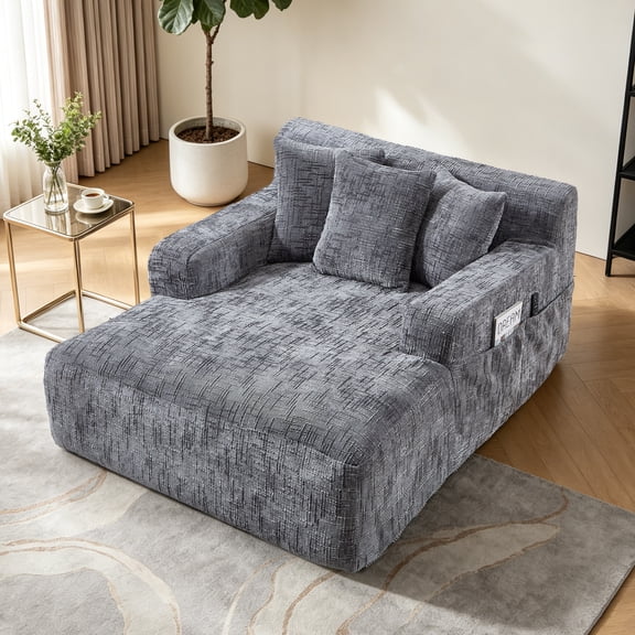Homefun 61'' Oversized Chenille Chaise Lounge Chair,No Assembly Indoor Reading Sofa with 3 Pillows for Living Room Bedroom,Gray