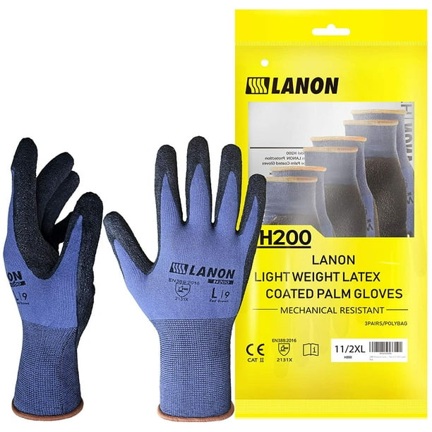 LANON Lot de 3 paires de gants de travail en caoutchouc, coupe élastique 3D  sans couture, prise en main, nylon avec doublure en lycra, revêtement  froissé en latex, moyen XX-large (3 paires) 