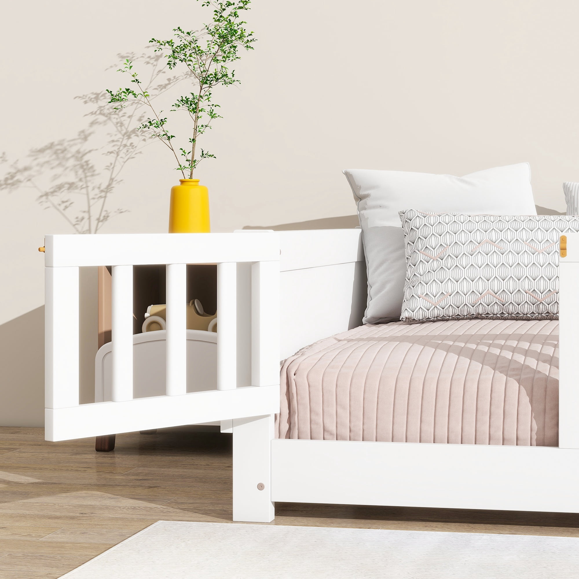 Alvantor Montessori Floor Bed Twin Size with Door for Kids, Toddler Wooden Platform Bed White