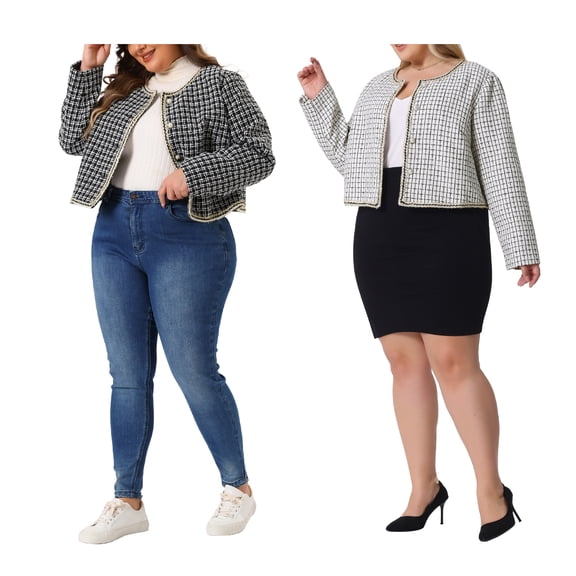 Agnes Orinda Plus Size Plaid Tweed Blazer for Women Collarless Long Sleeve Open Front Work Two Piece Short Jacket 1X White/Black
