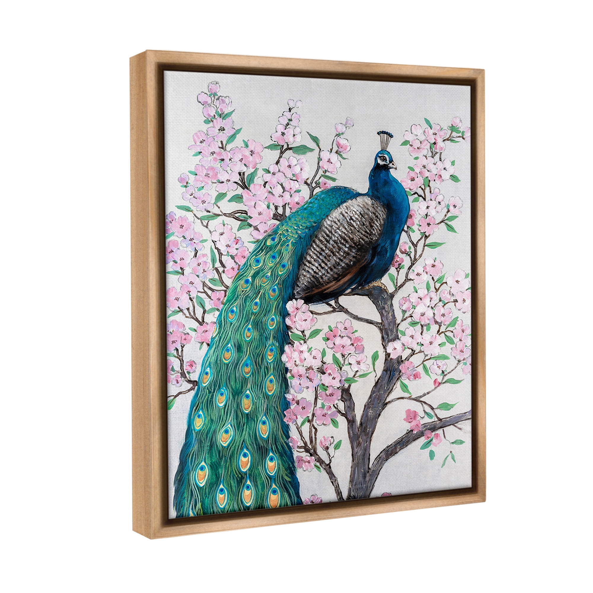 Stupell Industries Peacock Perched on Florals Animals & Insects Painting Brown Floater Framed Canvas Art Print Wall Art, 25 x 31
