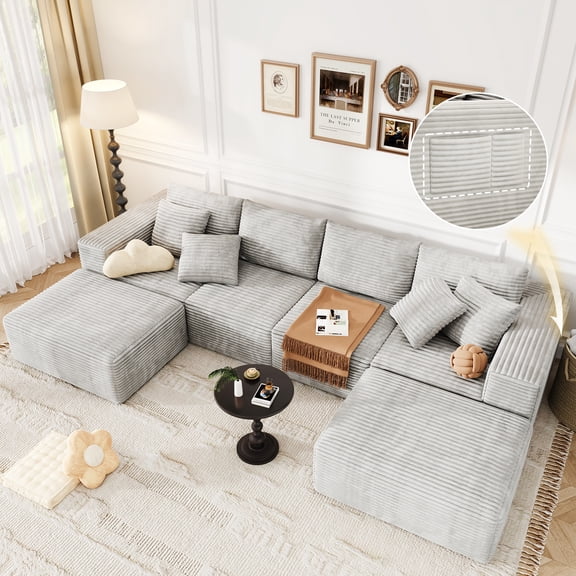 137 inch U-Shaped Sectional Sofa, Cloud-Like Big Modular Couch with Chaise, No Assembly Required, High Density Foam Never Sags, Soft Corduroy Fabric Sofa for Large Space, (White)