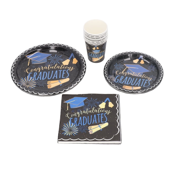 Juego de 40 platos desechables de graduación, color negro, para mesa de comedor y servilletas, para decoración de fiestas de graduación.