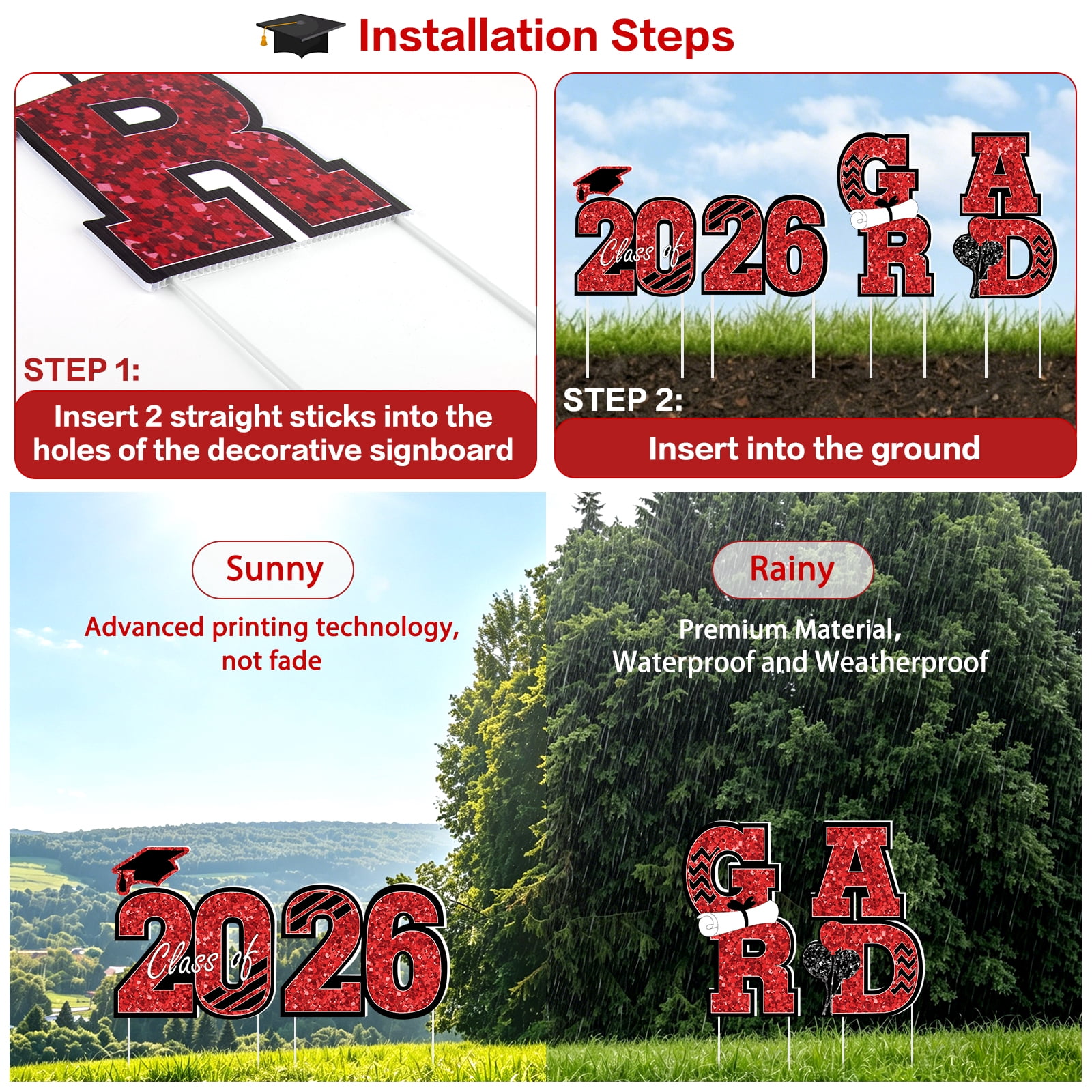 4 Pcs Graduation Yard Signs Class of 2026 Graduation Decoration Waterproof 2026 Grad Lawn Yard Sign Glitter Congratulations Signs with Stakes for School Party Outdoor Decor(Red)