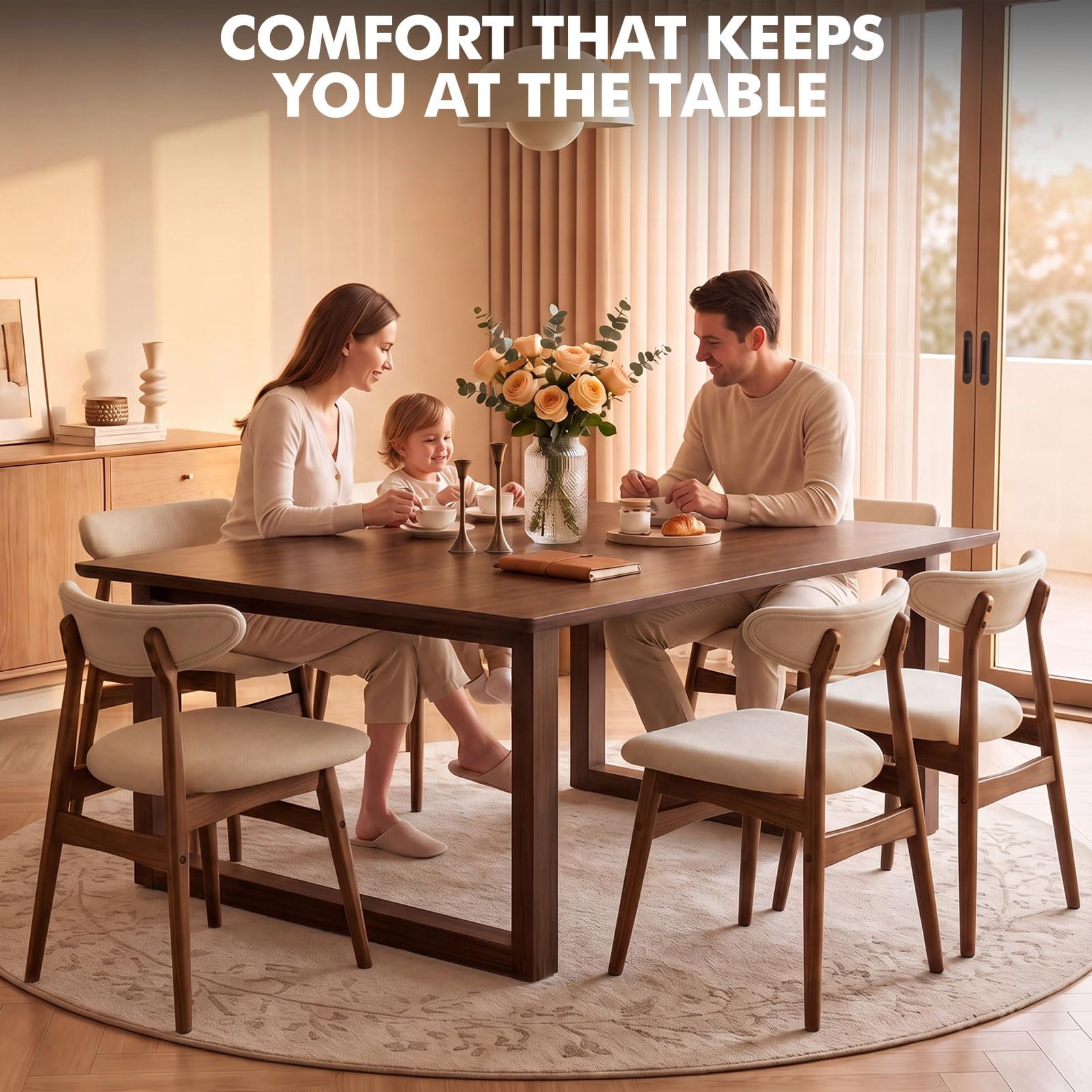 Upholstered Dining Chairs Set of 2, Lumbar-Ergonomic Backrest Chairs with Adjustable Foot Pads