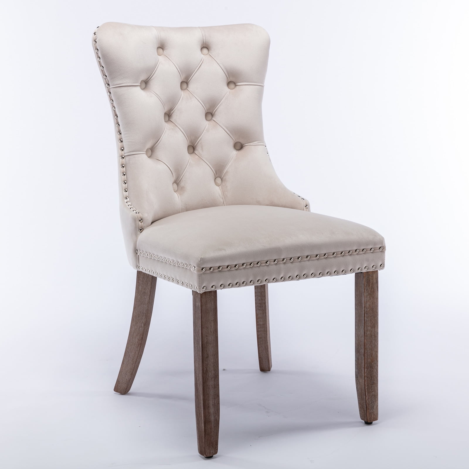 2-Piece Beige Velvet Dining Chairs Set, Modern Tufted Solid Wood Upholstered Dining Chair with Nailhead Trim, High Back Contemporary Chair with Wood Legs