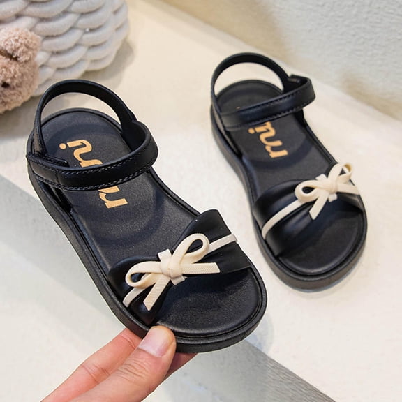 WQNVRNR Girls Open Toe Sandals- Soft Sole Anti Slip Flat Cute Summer Beach Shoes Black Size 14.5