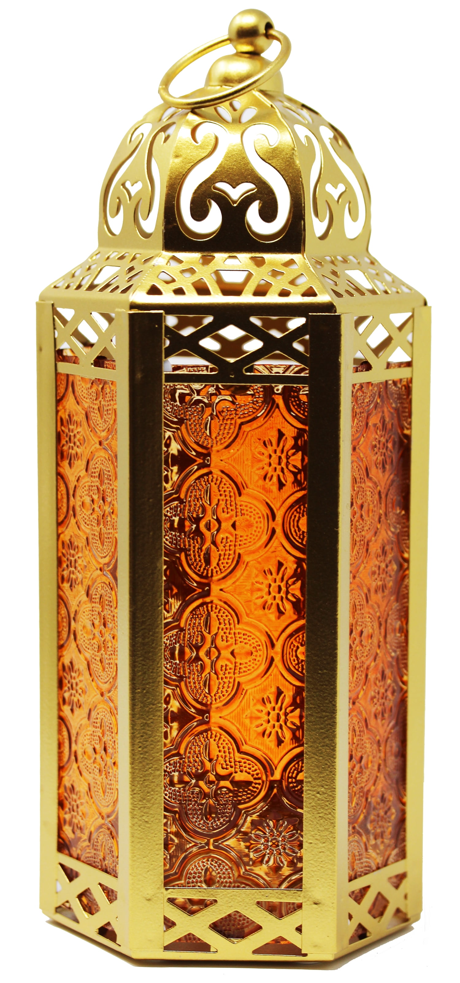 Gold Moroccan Decorative Candle Lantern Holder for Decor, Amber Glass
