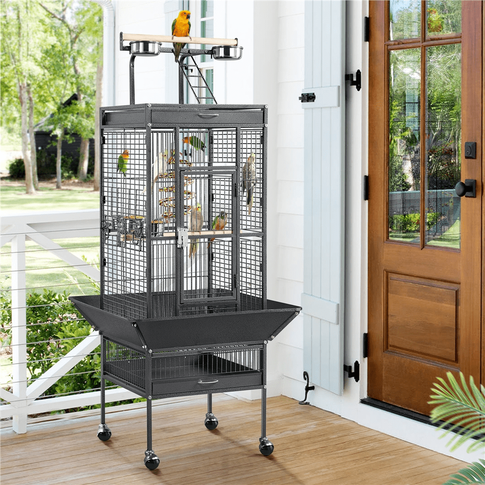 Renwick 61.5" Rolling Metal Bird Cage with Playtop, Black