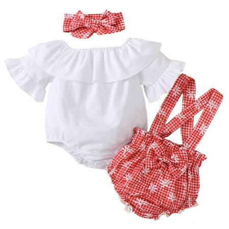 

Kucnuzki 9 Months Baby Girl Summer Outfits Shorts Sets 12 Months Elbow Ruffles Sleeve Solid Color One-pieces Romper Tops Oridinary Lace Trims Floral Prints Brief Shorts Headband 3PCS Set White