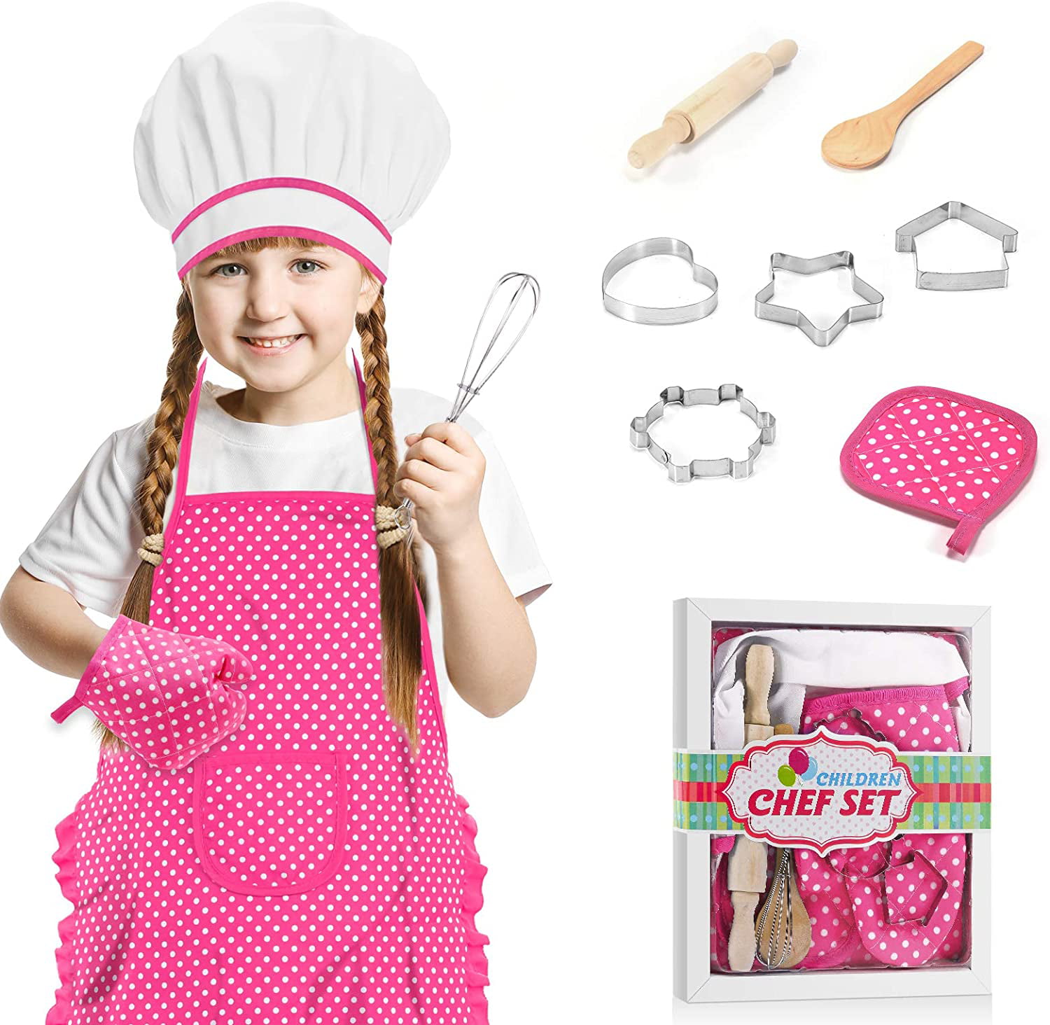 GIRLS HOT PINK WITH POLKA DOTS CHILDRENS 3 PC SET COOKING CHEF HAT APRON & MITT 