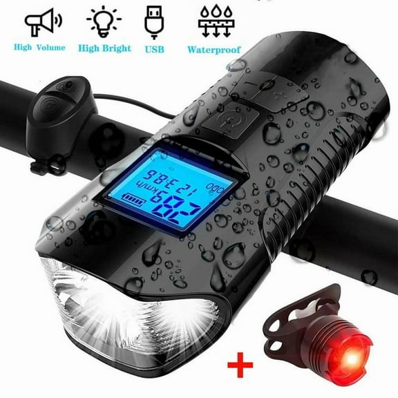 Ryhampaper USB Rechargeable LED Bicycle Bike Headlight Rear Tail Light Speedometer Odometer Waterproof Black