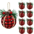 thumbnail image 1 of 6 adornos navideños de bolas a cuadros: adornos de bolas de tela a cuadros negros y rojos de 3 pulgadas con piñas y vegetación, 1 of 6