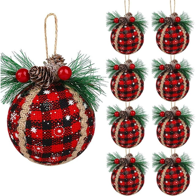 6 adornos navideños de bolas a cuadros: adornos de bolas de tela a cuadros negros y rojos de 3 pulgadas con piñas y vegetación