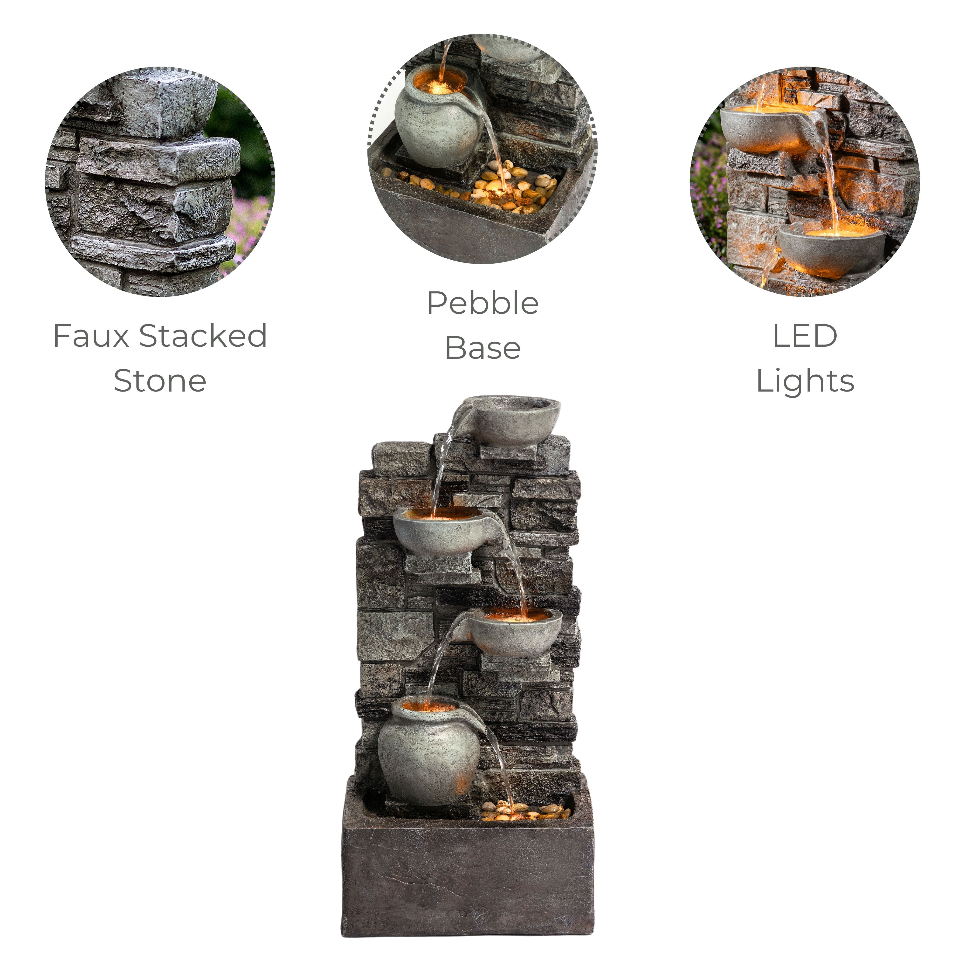 Teamson Home 28.5" Outdoor 4-Tier Stacked Stone Cascading Water Fountain with LED Lights, Gray