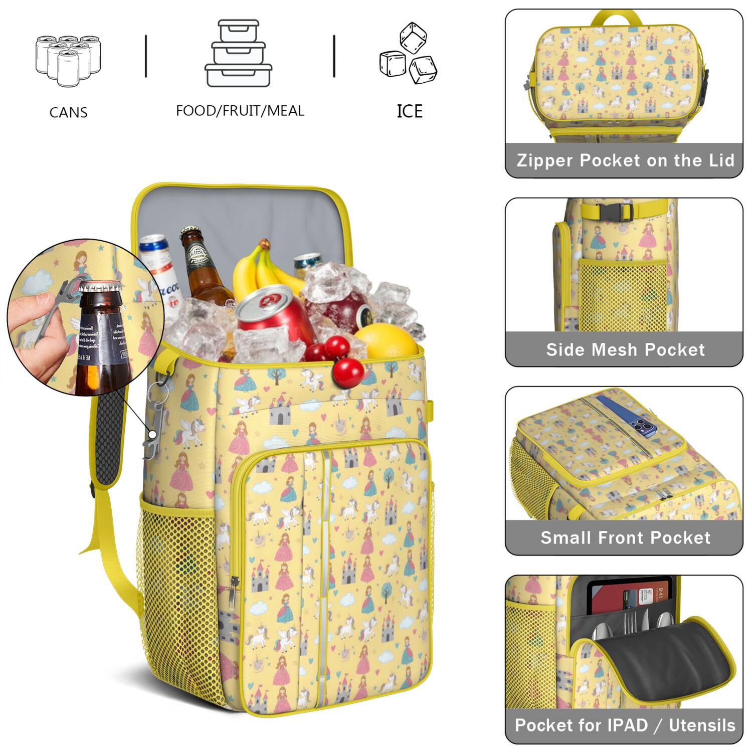 Travel Cooler Bag - Yellow Princess Castle Unicorn Pattern Camping Beer Cooler Backpack with Bottle Opener- Waterproof Insulated Picnic Backpacks - Cooler Bag for Beach