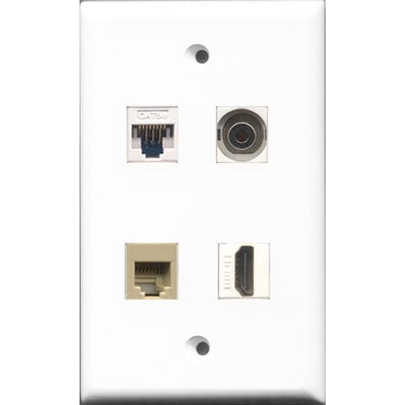 RiteAV - 1 Port HDMI and 1 Port Phone RJ11 RJ12 Beige and 1 Port 3.5mm and 1 Port Cat5e Ethernet White Wall Plate