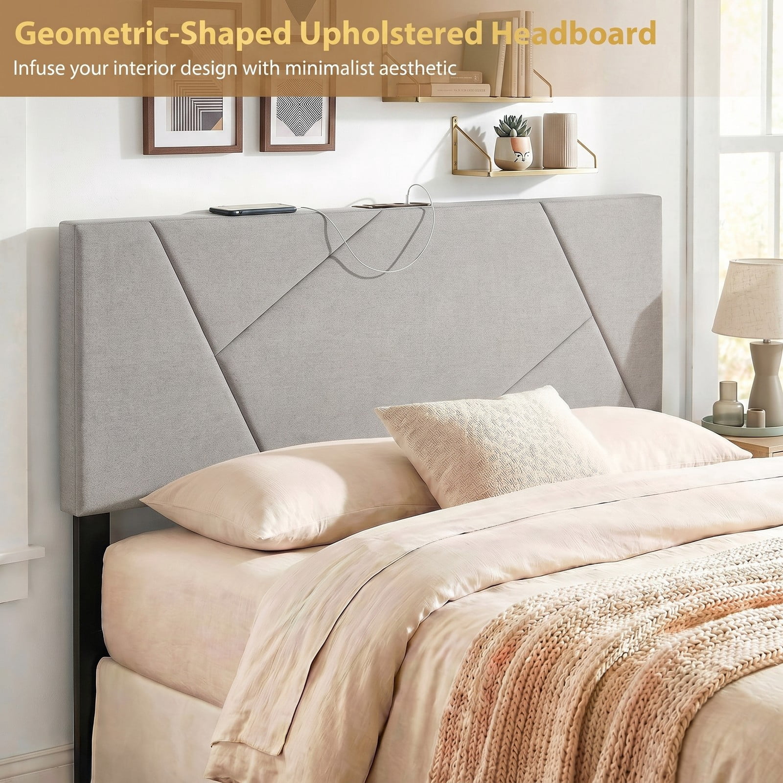 Furnibear Geometric Channel Upholstered Headboard with 2 AC Outlets and USB and Type-C Ports for Full and Queen Beds, Gray