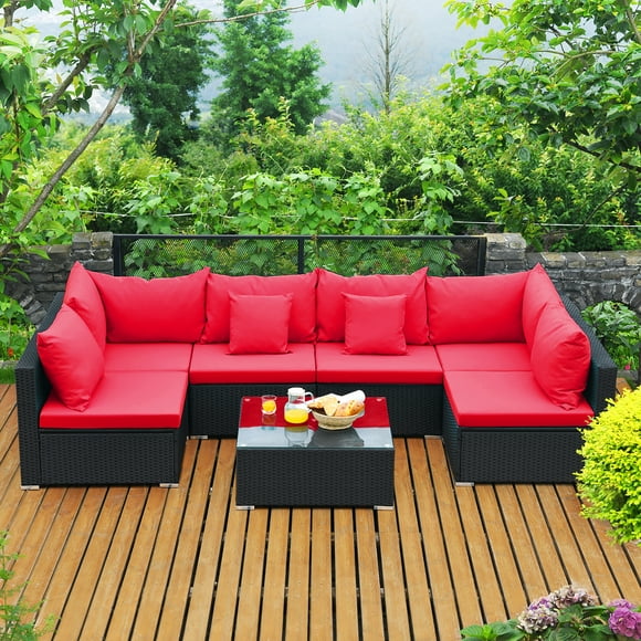 Costway 7PCS Patio Wicker Sofa Set Sectional Conversation Furniture Set Garden Red