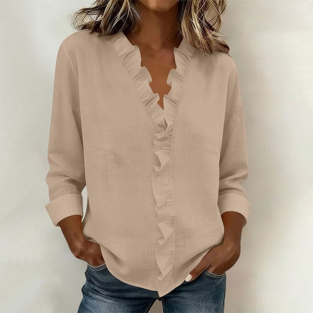 Craaazy Women's Relaxed Fit V Neck Blouse, Solid Color Long Sleeve Ruffle Accent Top, Loose Comfy Cotton Linen Tee for Work & Daily Wear Gifts