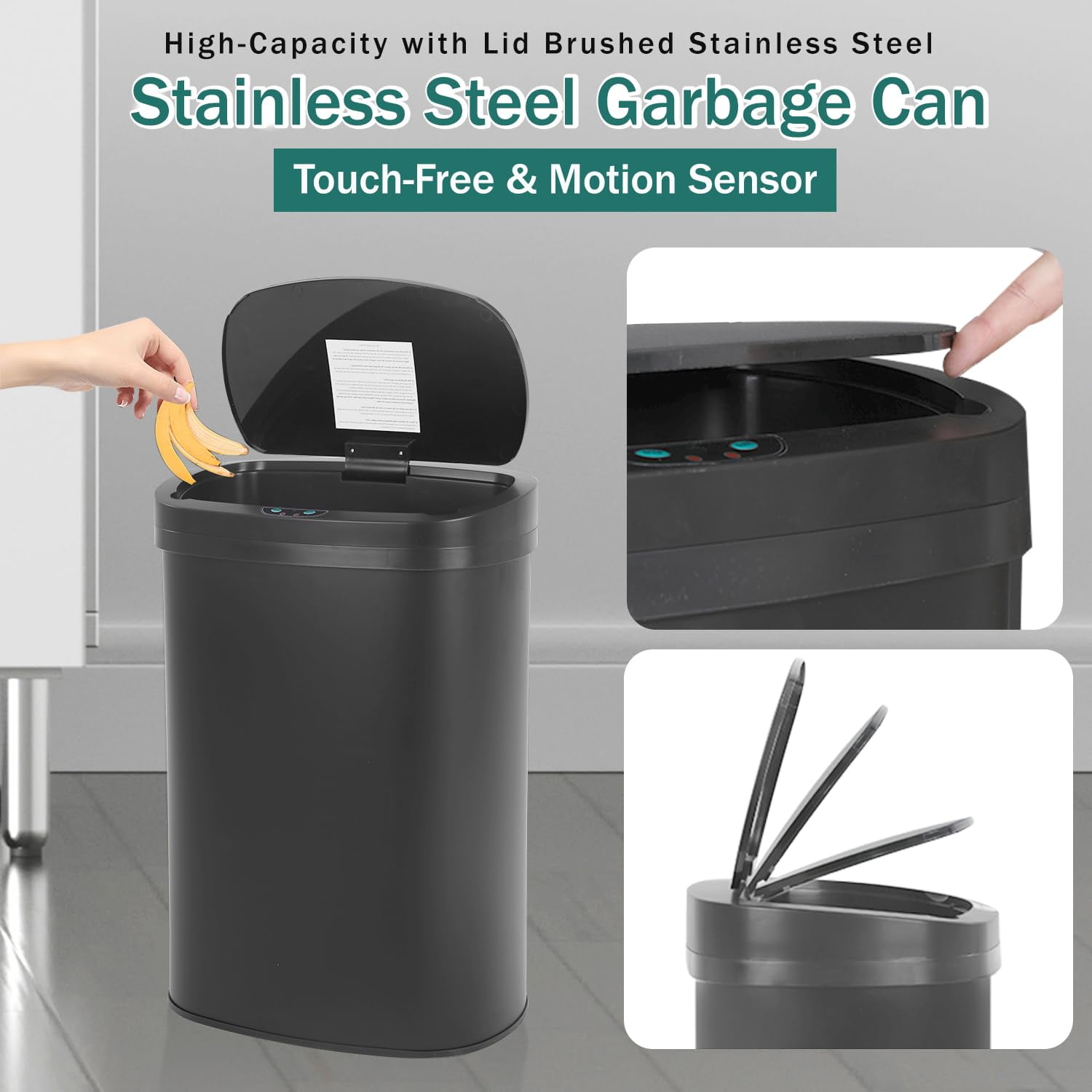 13-Gallon Kitchen Trash Can Black Stainless Steel Garbage Can Automatic Touch Free Garbage Bin Motion Sensor Trash Can with Lid Metal Waste Bin for Living Room, Kitchen, Bathroom, Office