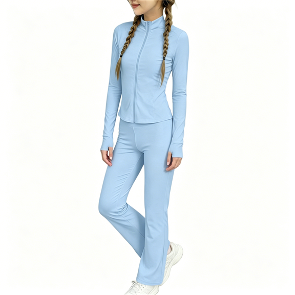 BCSIOAOI Girls 2 Piece Outfit,Zip-Up Yoga Top and Flared Pants Set with Thumb Holes Blue 3-4t