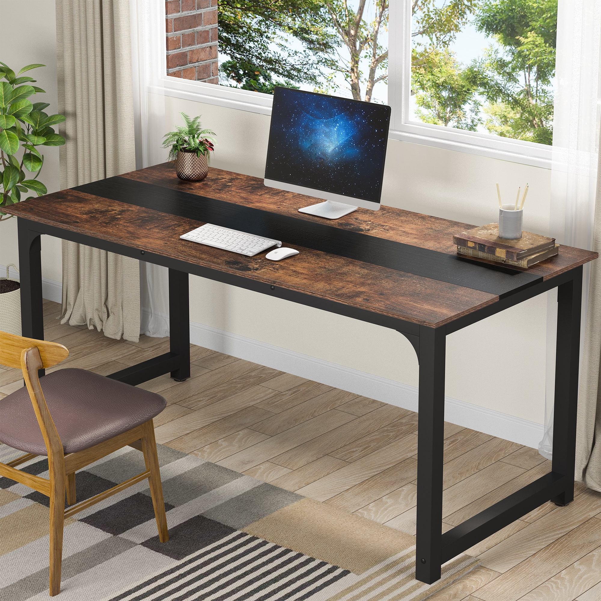 Tribesigns 70.8”Executive Desk, Large Office Computer Desk with Thicken Frame, Modern Simple Workstation Business Furniture for Home Office, Vintage Brown/Black