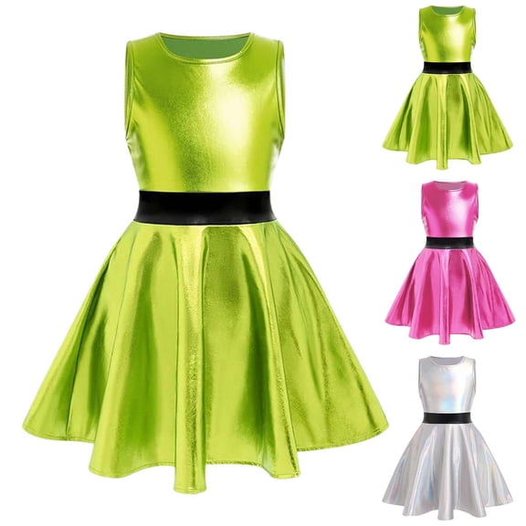RTKFRFLM Girls Metallic Shiny Dress Sleeveless Colorblock Performance Gown Green 150