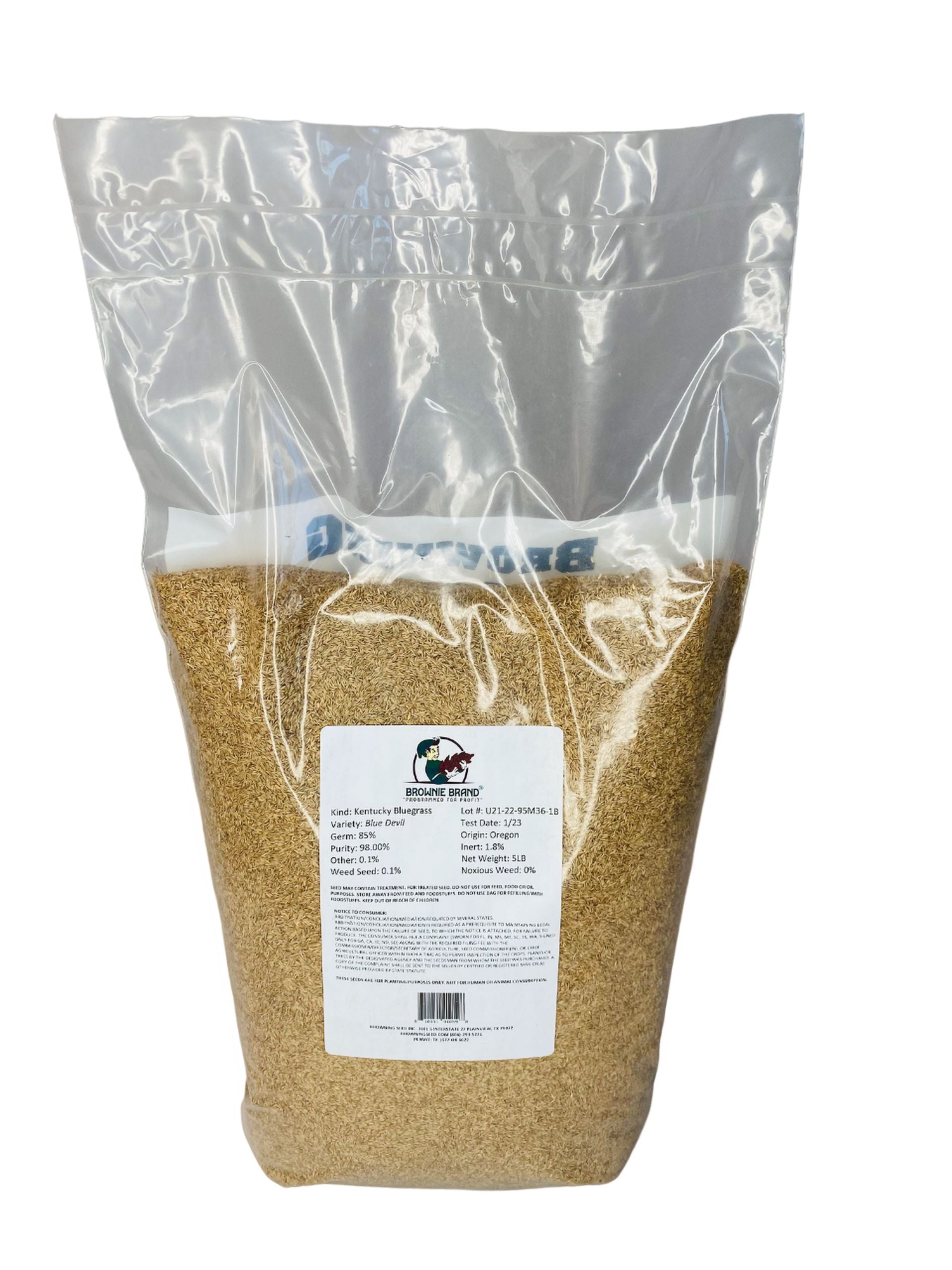 Brownie Brand Seed Kentucky Bluegrass Blue Devil, 5 lbs. Plant Seeds for Sports Fields, Home Lawns. Perennial.