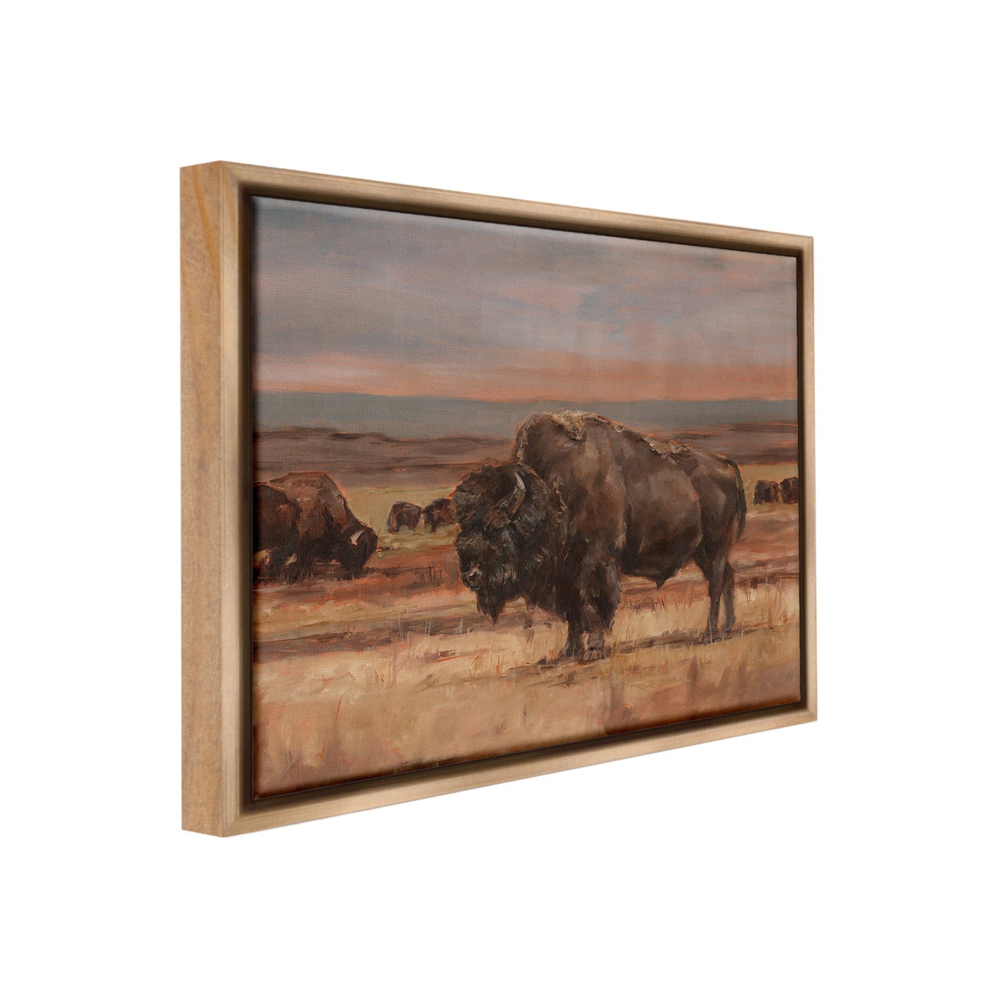 Stupell Industries Rural Pasture with Bison Animals & Insects Painting Brown Floater Framed Canvas Art Print Wall Art, 21 x 17
