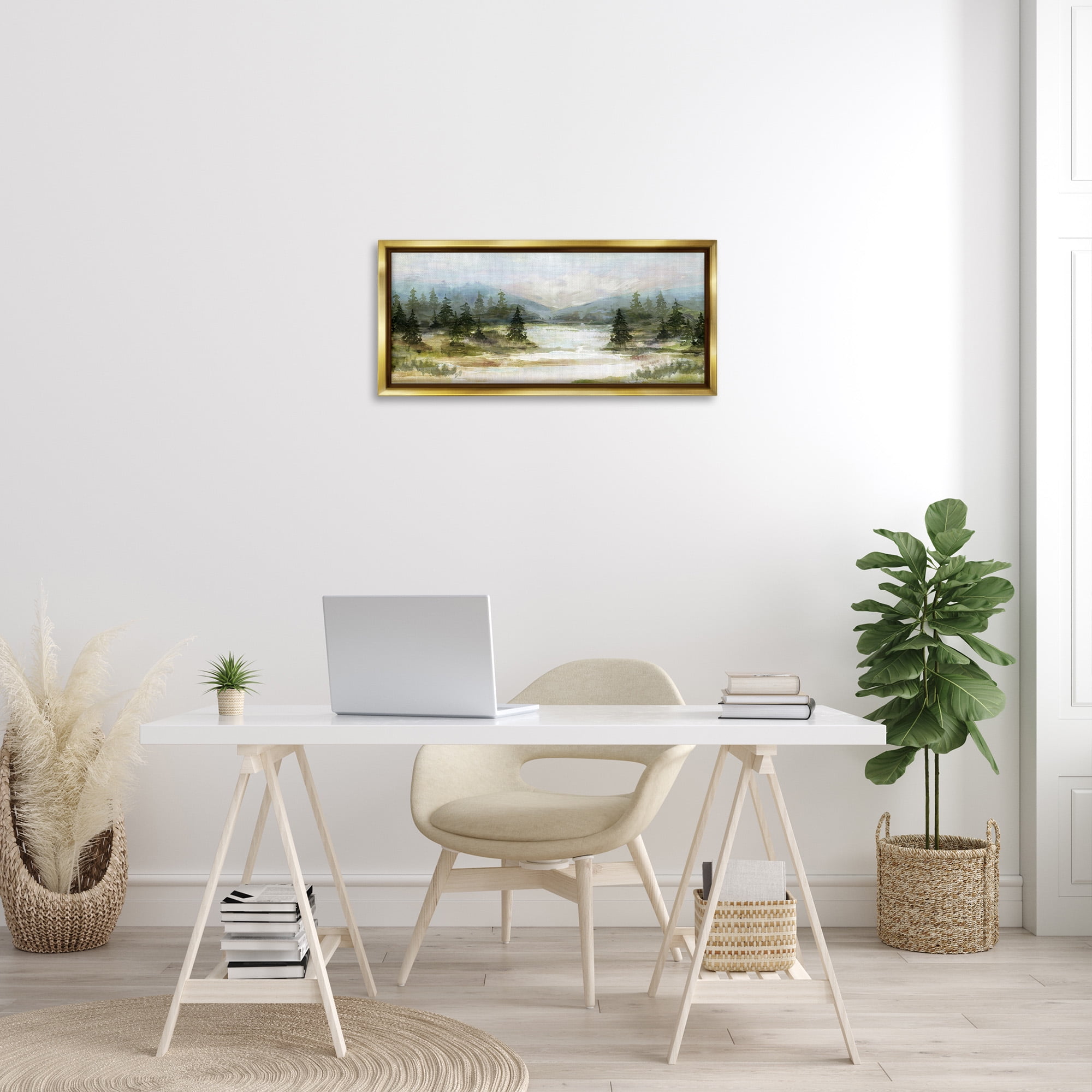 Stupell Industries Vast Country Landscape Rural Mountains Landscape Painting Gold Floater Framed Canvas Art Print Wall Art, 31 x 14