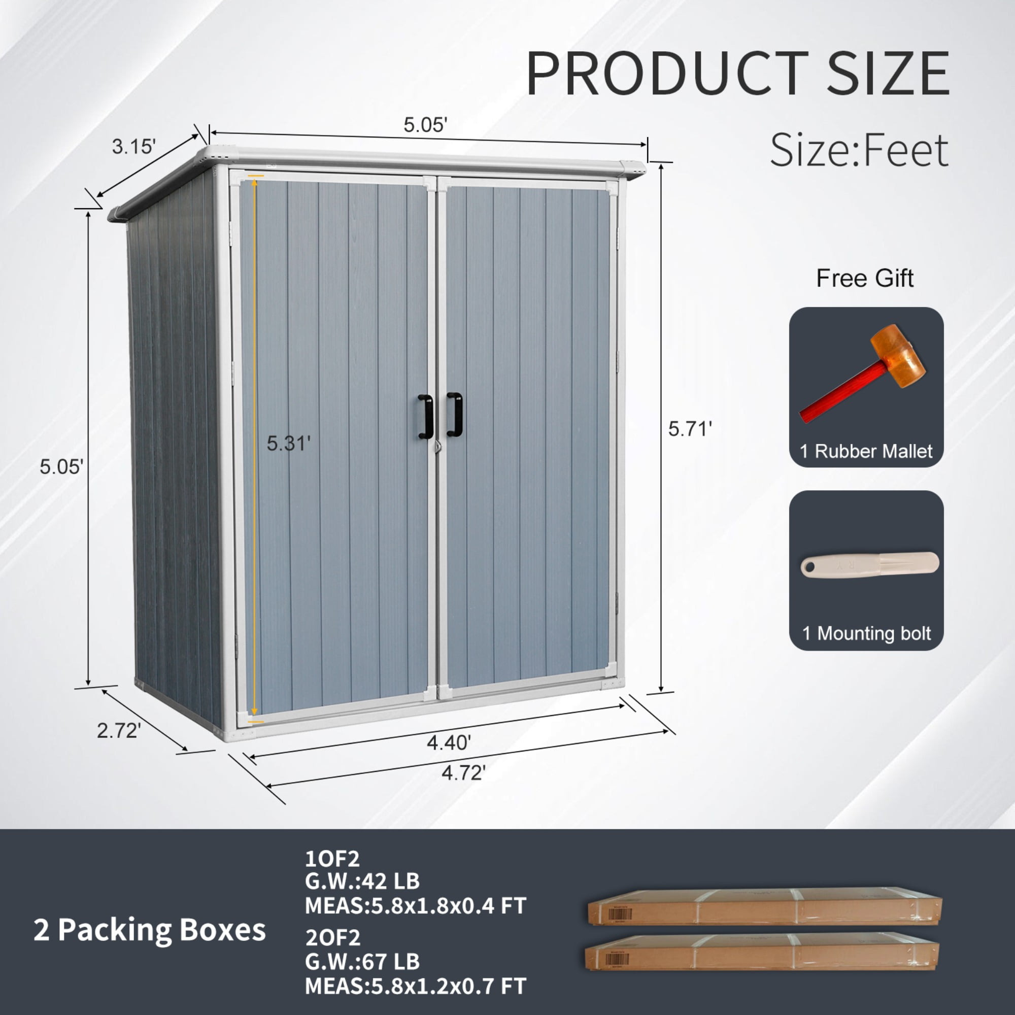 JXXRZ 5x3FT Waterproof Resin Storage Shed, Outdoor Storage Shed Lockable for Bikes & Patio, Grey