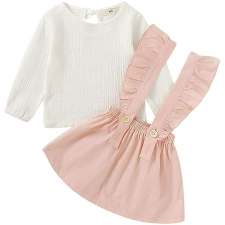

Viworld Toddler Baby Girl Linen Suspender Skirt Set Cotton Long Sleeve Shirt + Ruffled Suspender Skirt Outfits
