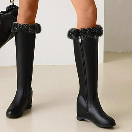 

Wefuesd Ladies Fashion Solid Color Leather Plush Side Zipper Inside High Wedge Heel Long Cotton Boots Boots For Women Womens Boots Black 41