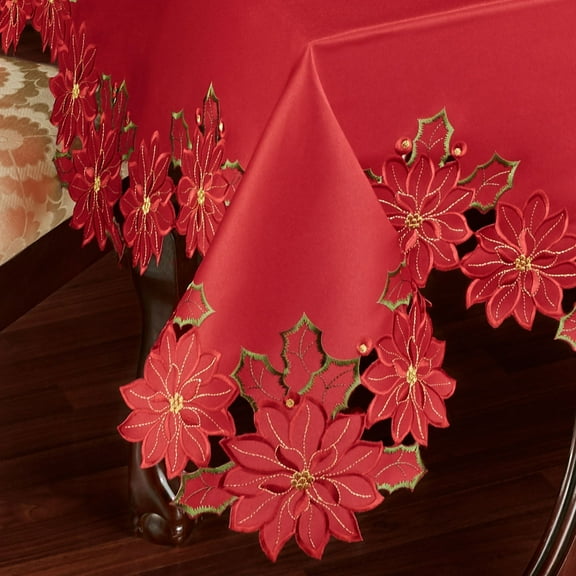 Christmas Poinsettia Cutwork Oblong Tablecloth - Red, Gold, Green - Fine Table Linens for your Kitchen, Dining Room - Holiday Embroidery Polyester Tablecloth 70 x 144