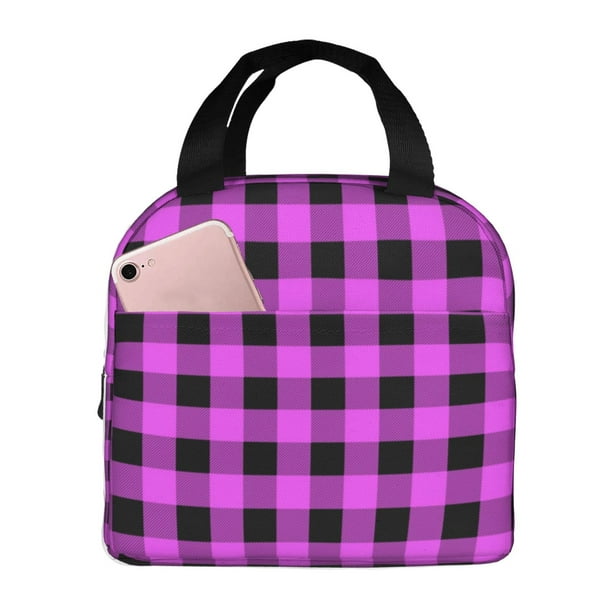 Easygdp Purple Black Buffalo Plaid Bolsa Térmica Premium - Tela Oxford Impermeable, Gran Capacidad, Bolsillo Frontal, Unisex para Trabajo, Escuela, Actividades al Aire Libre y Picnics