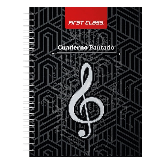 cuaderno pautado first class profesional 50 hojas. Tapa suave negra con patrón geométrico y gran clave de sol en el centro, espiral metálica a la izquierda y logotipo First Class en franja roja en la parte superior; 50 hojas pautadas, apto para partituras y composiciones.
