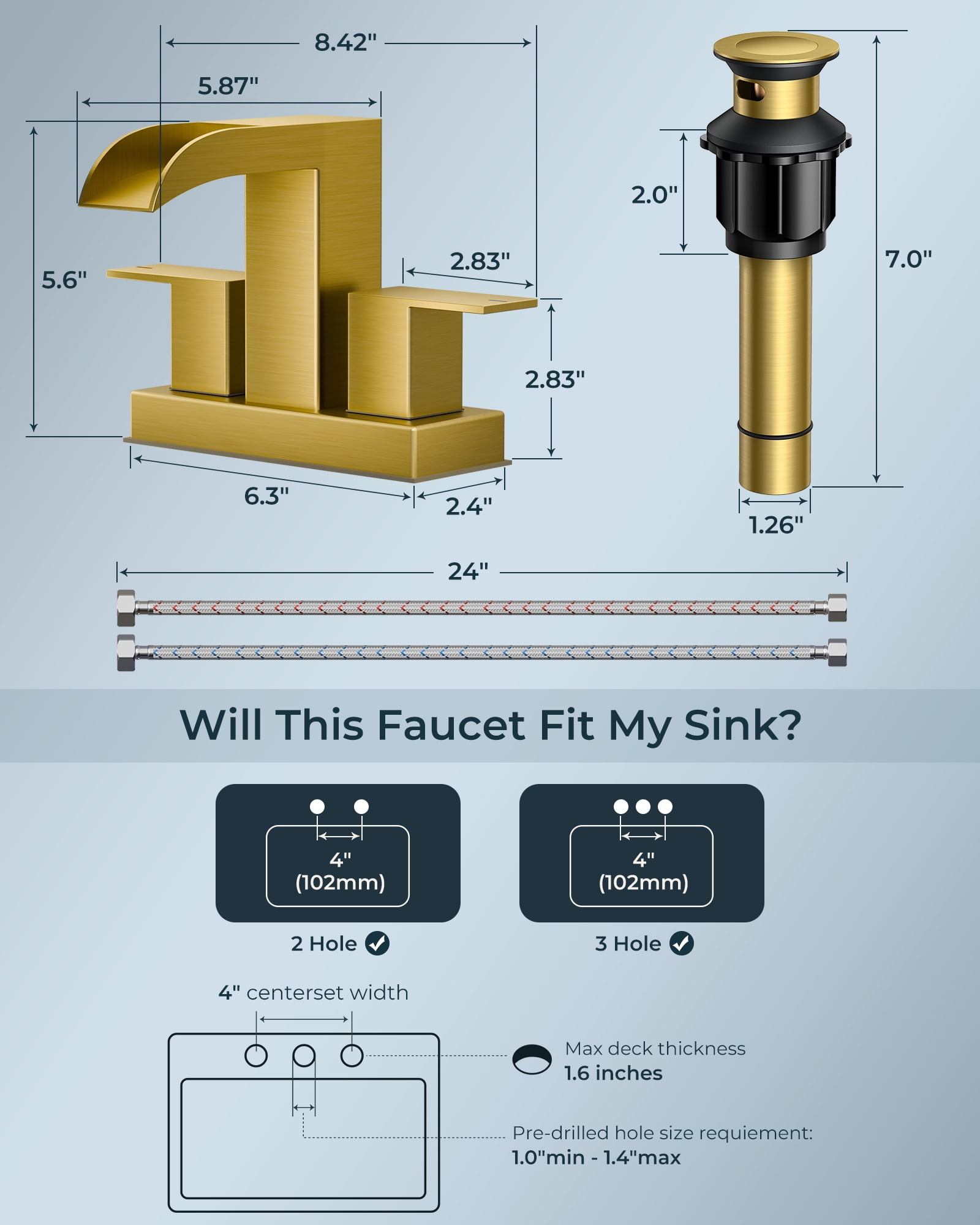 WB-61A32G Centerset Bathroom Faucet With Drain Assembly, 2-handle Bathroom Sink Faucet